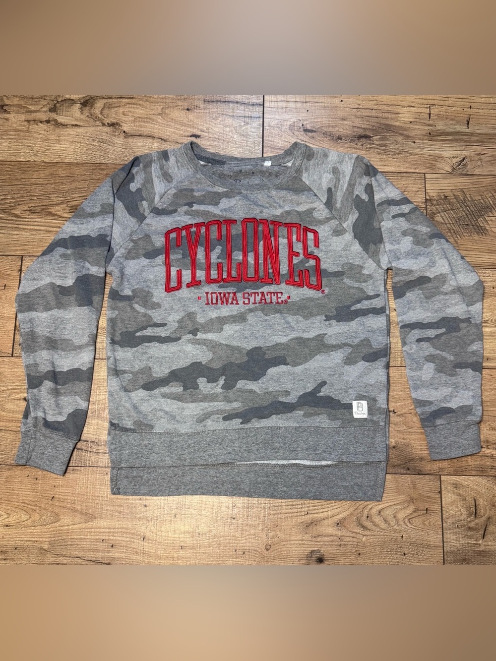 Pressbox Iowa State Cyclones Gray Camo Crewneck Sweatshirt with Red Lettering